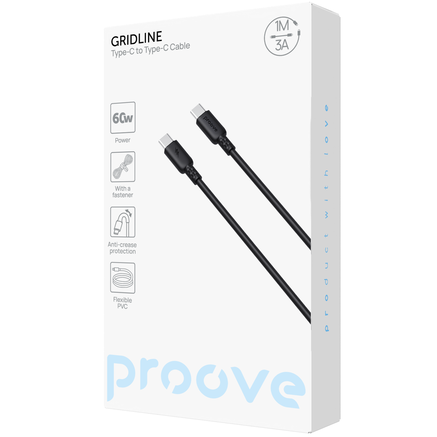 Kabllo karikimi Proove GridLine Type-C në Type-C, 60W, 1m, e zezë