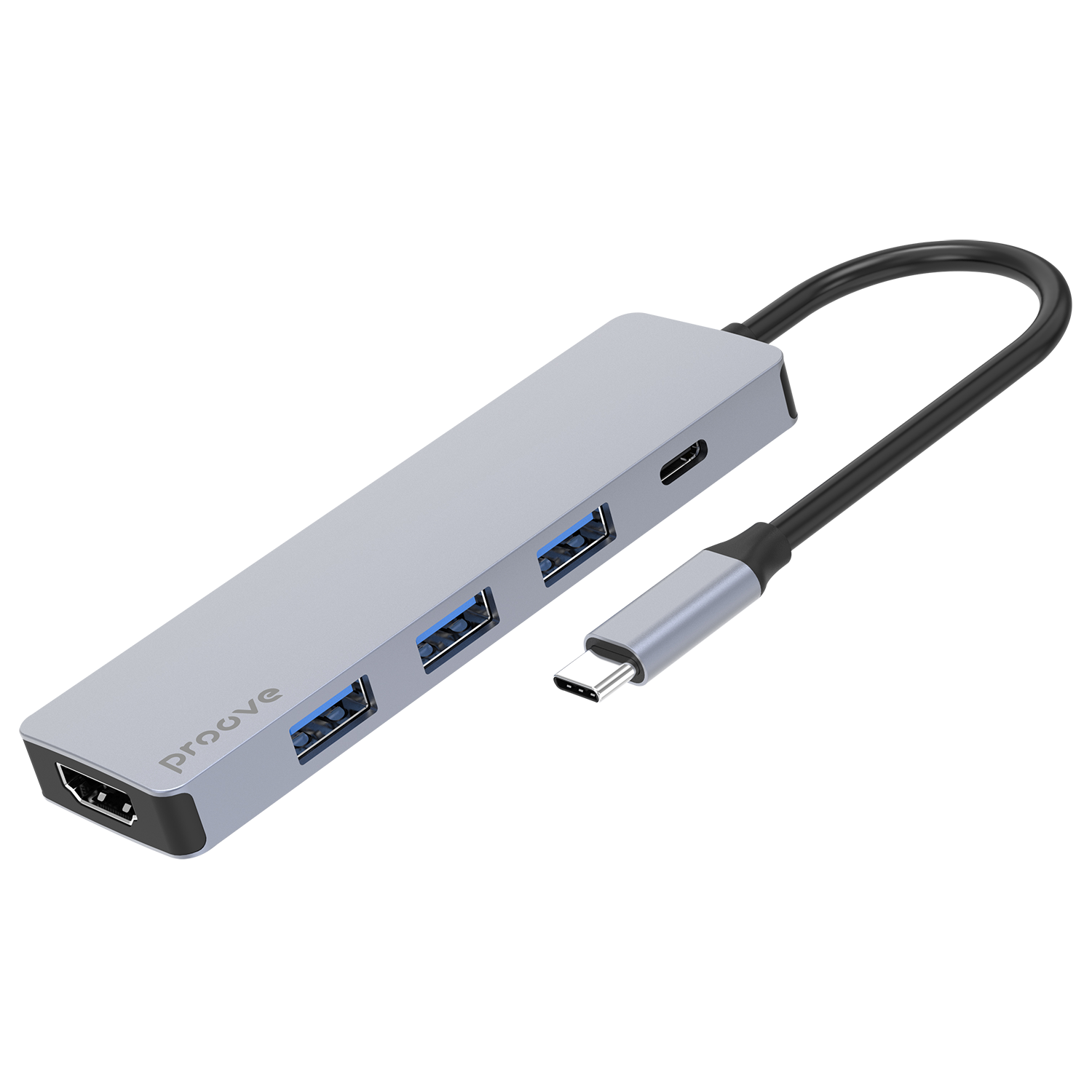 Adapter Hub Type-C Proove Iron Link 5 në 1 (3×USB3.0 + Type-C + HDMI), silver