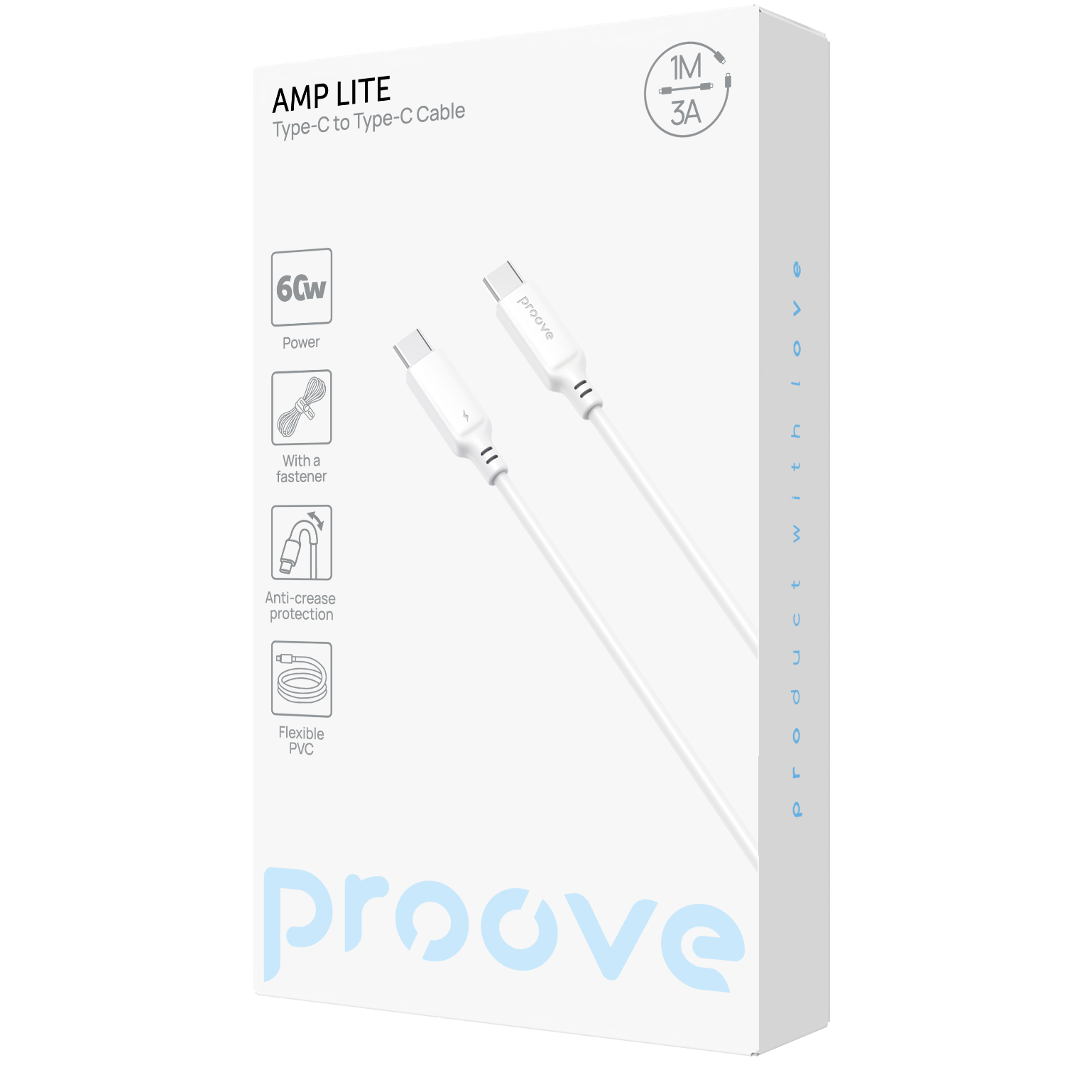 Kabllo karikimi Proove AMP Lite Type-C në Type-C, 60W, 1m, e bardhë