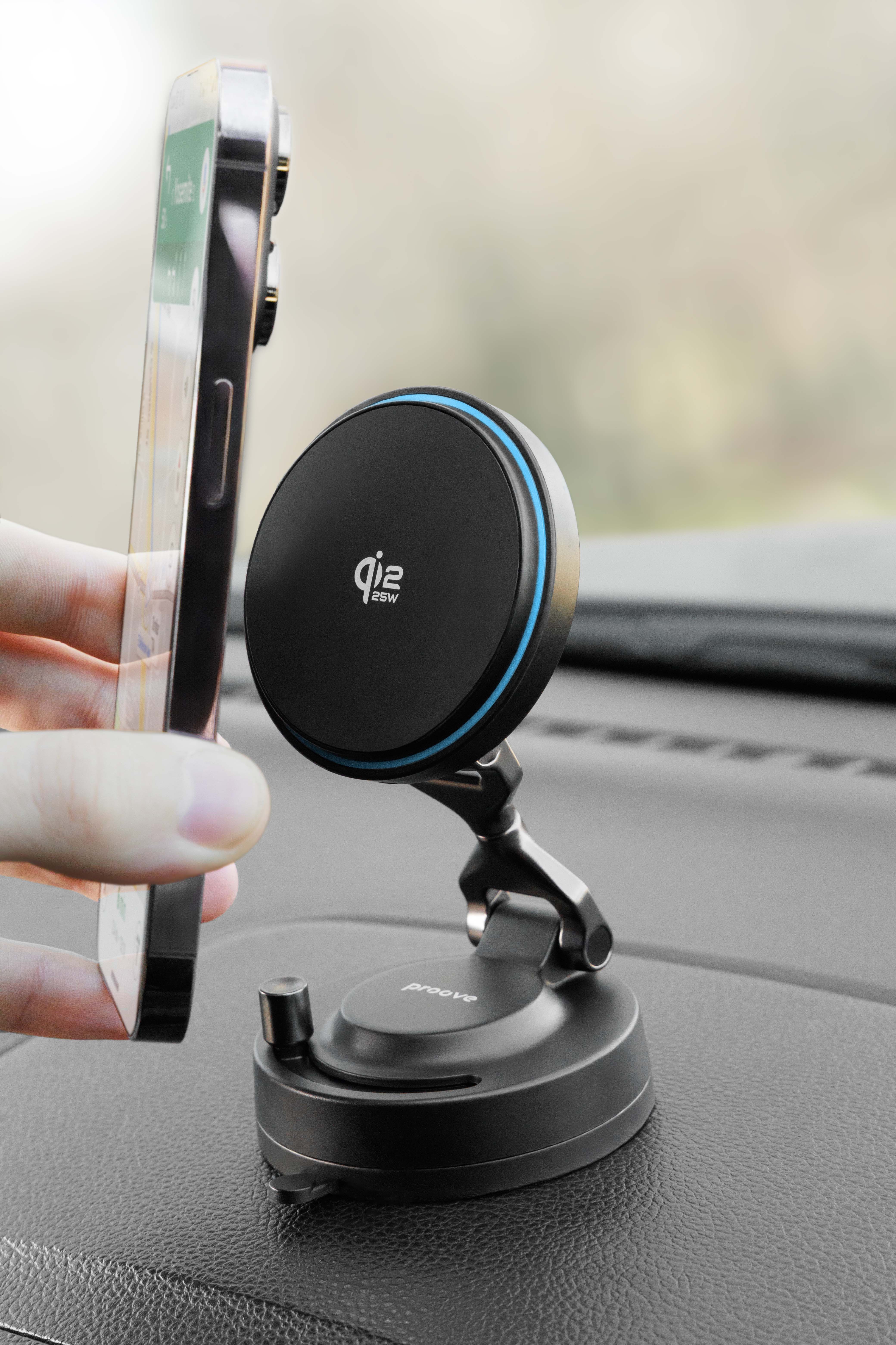 Mbajtëse veture me karikim wireless Proove Jetlock, Qi2, 25W, me thithëse, e zezë