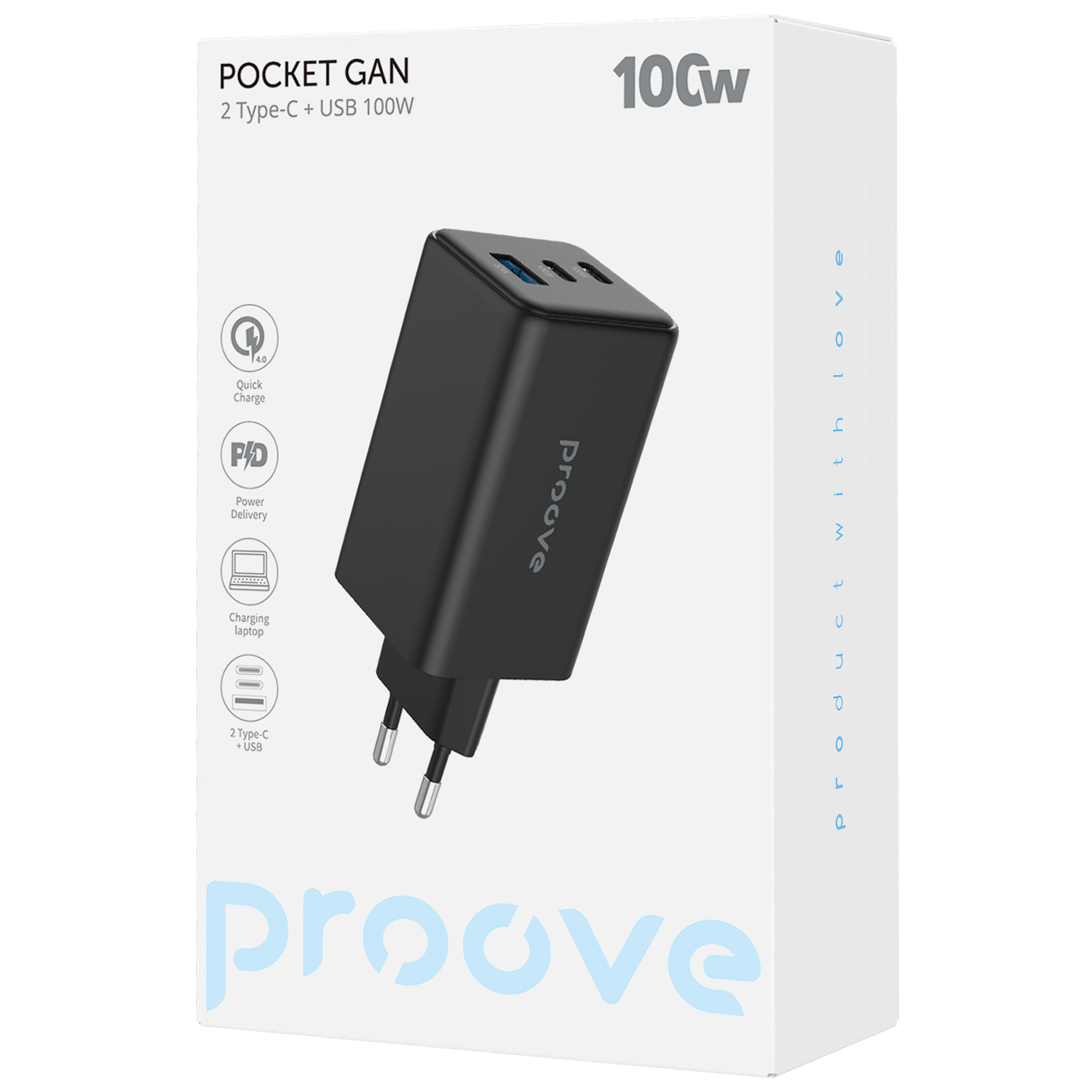 Karikues muri Proove Pocket GaN Max, 100W, 2×Type-C + USB, i zi