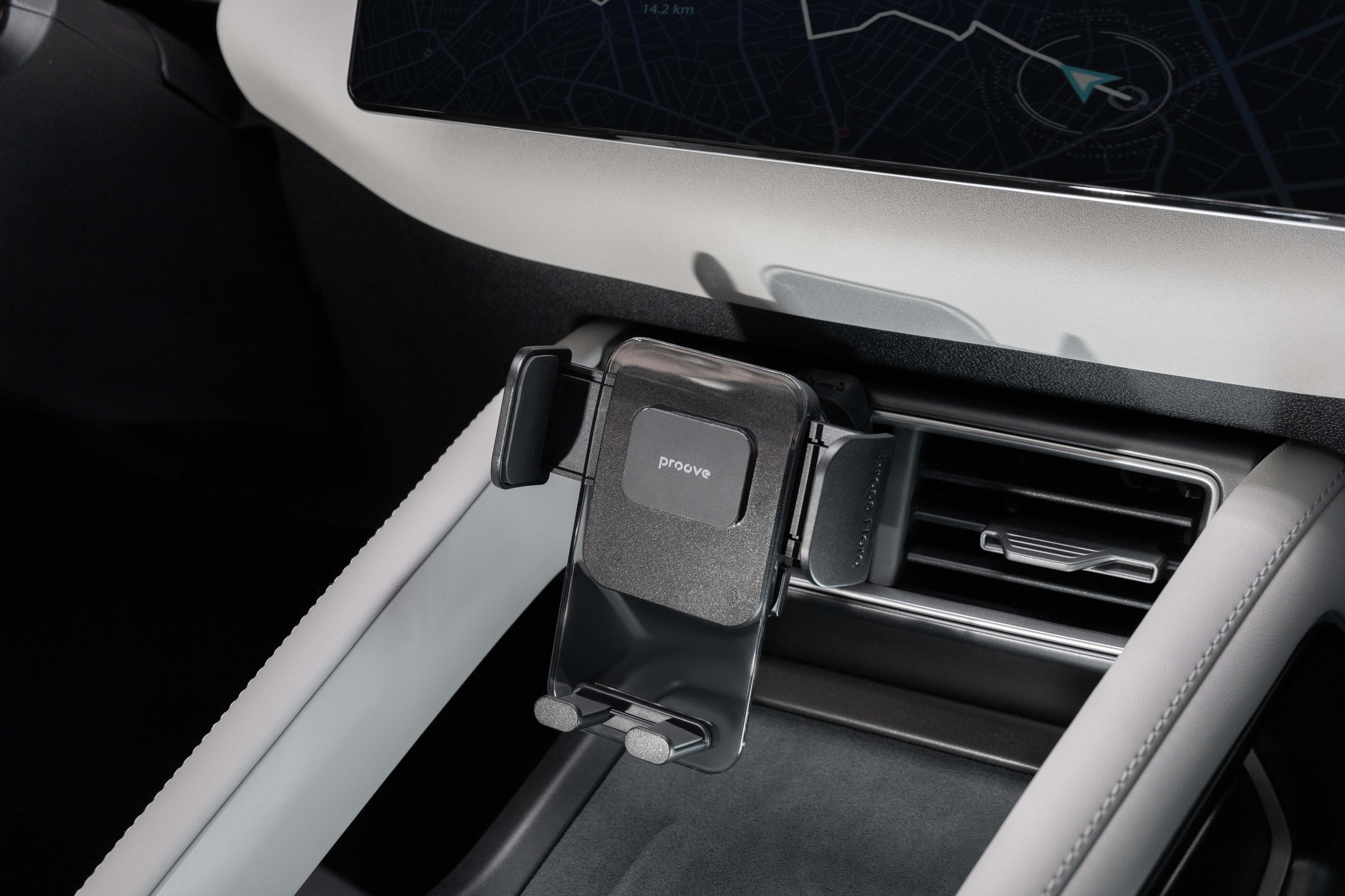 Mbajtëse për telefon Proove Crystal Clamp, për ventilim makine, 4.7″–6.9″, e zezë