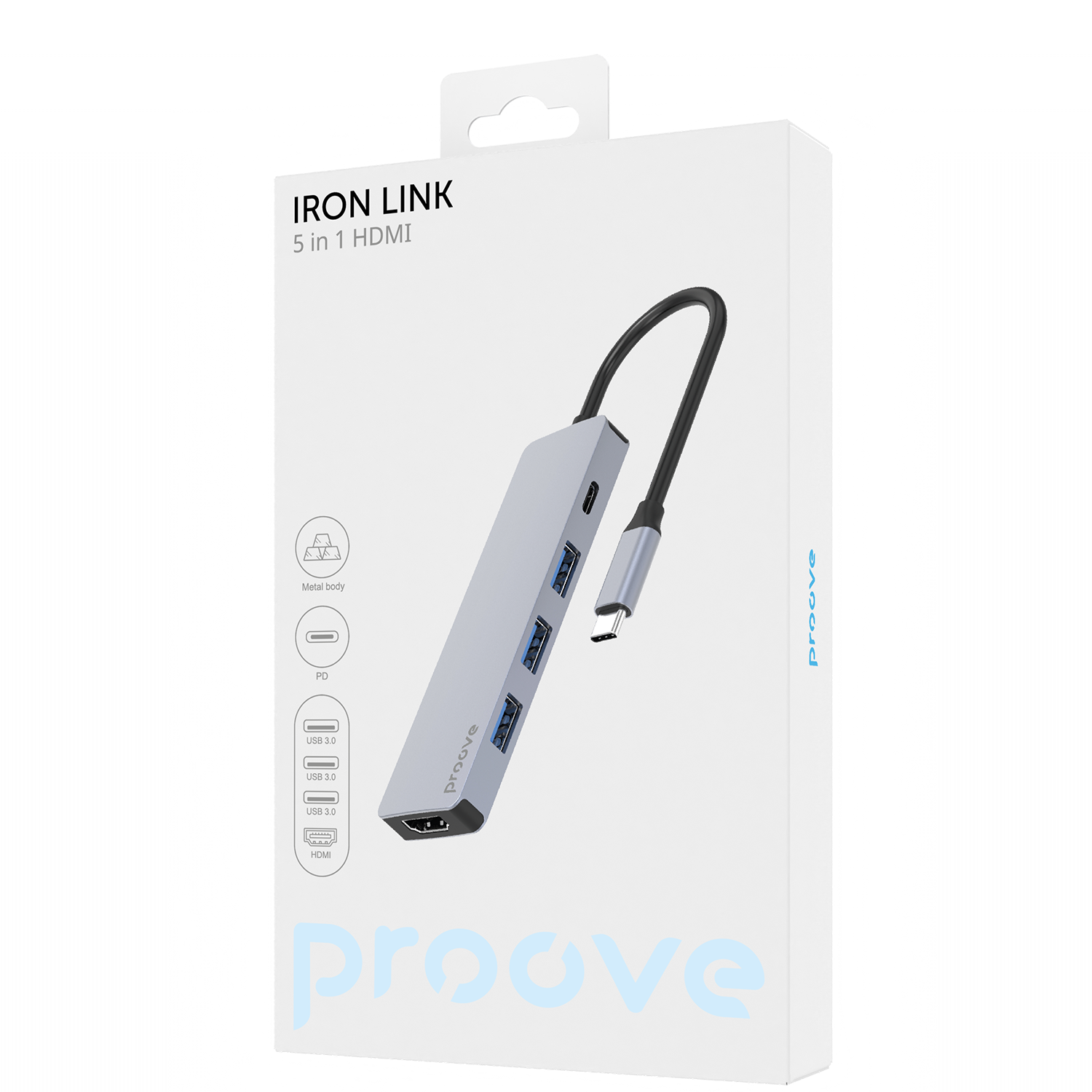 Adapter Hub Type-C Proove Iron Link 5 në 1 (3×USB3.0 + Type-C + HDMI), silver