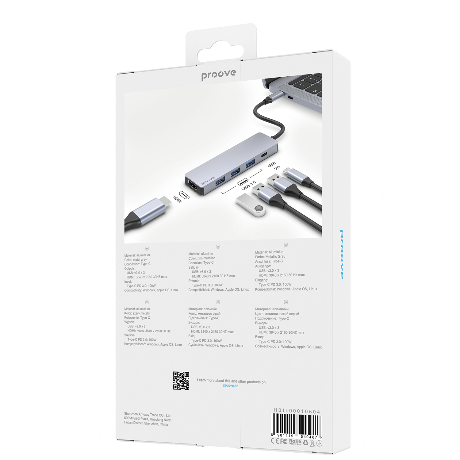 Adapter Hub Type-C Proove Iron Link 5 në 1 (3×USB3.0 + Type-C + HDMI), silver