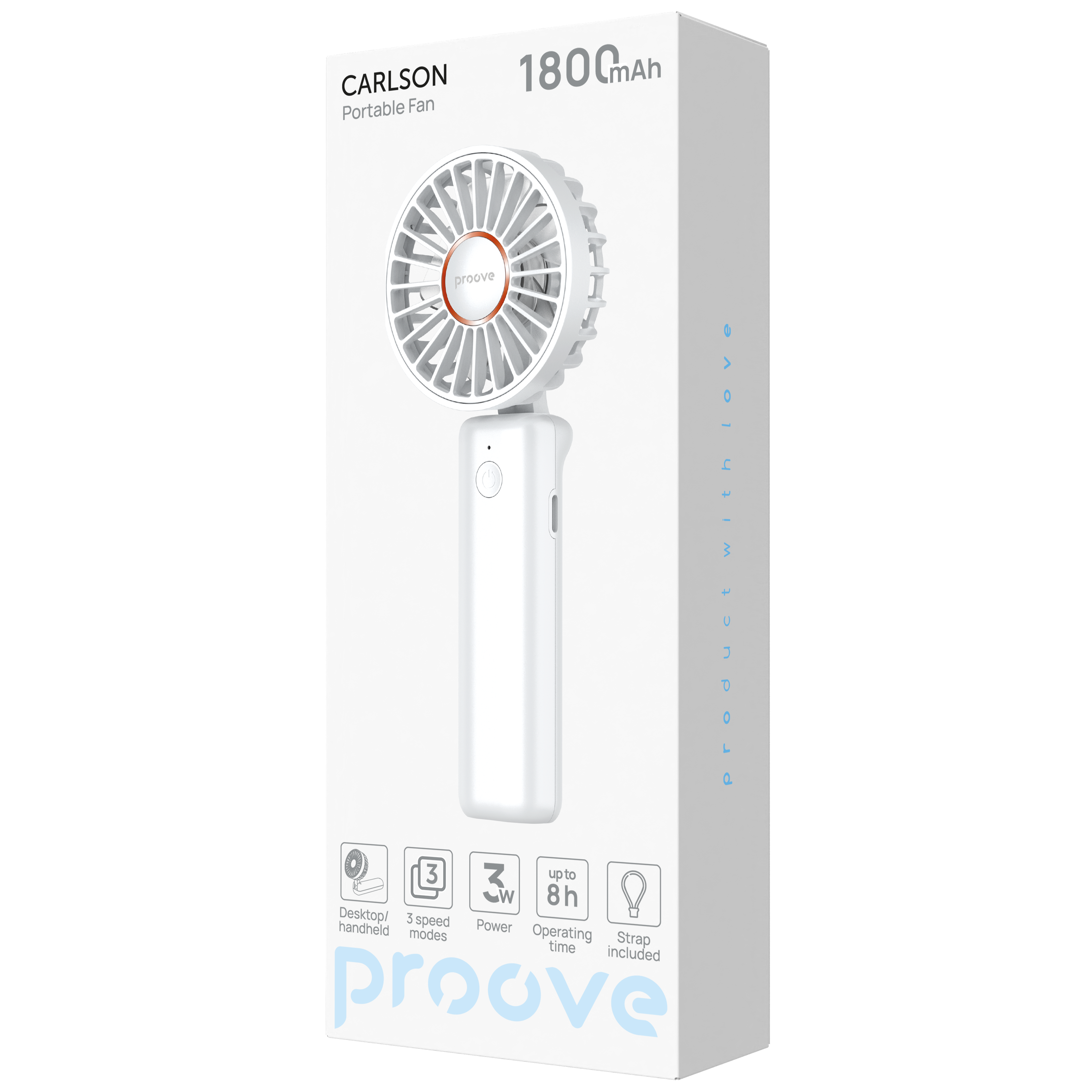 Ventilator portativ Proove Carlson, 1800mAh, 3W, i bardhë