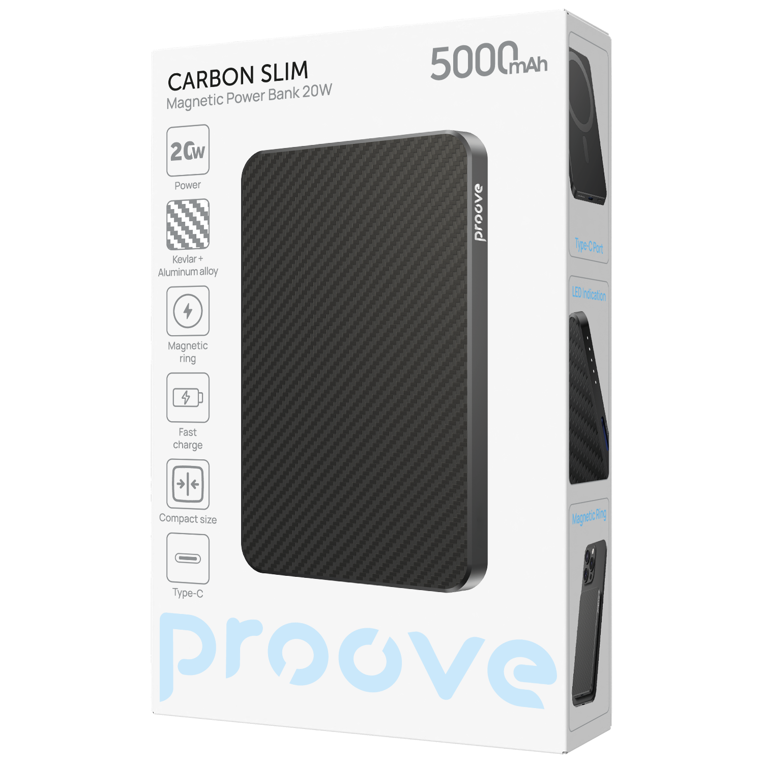 Powerbank Proove Carbon Slim MagSafe, 5000mAh, 20W, e zezë