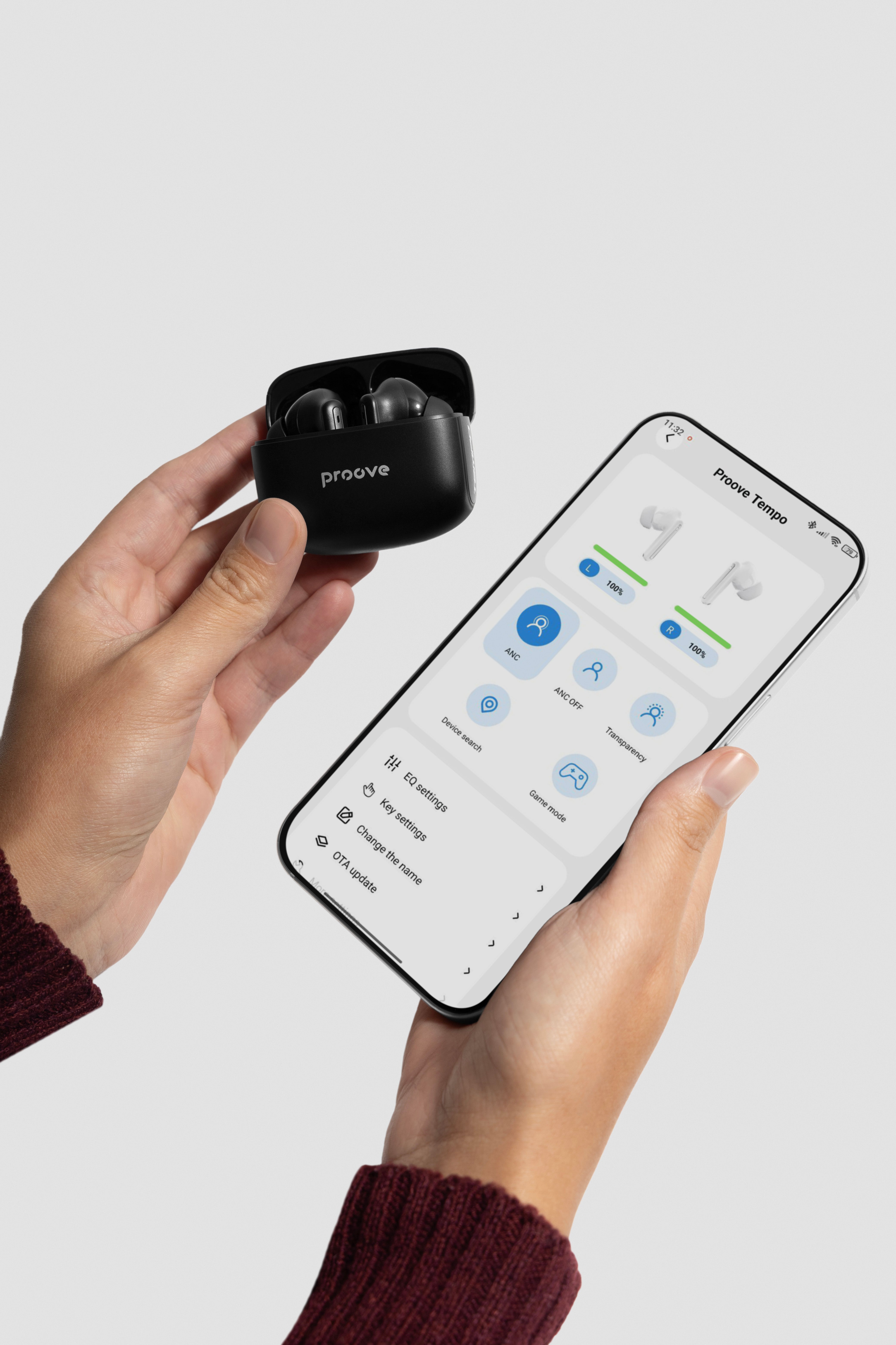 Dëgjuse wireless Proove Tempo TWS, ANC, me aplikacion, të zeza