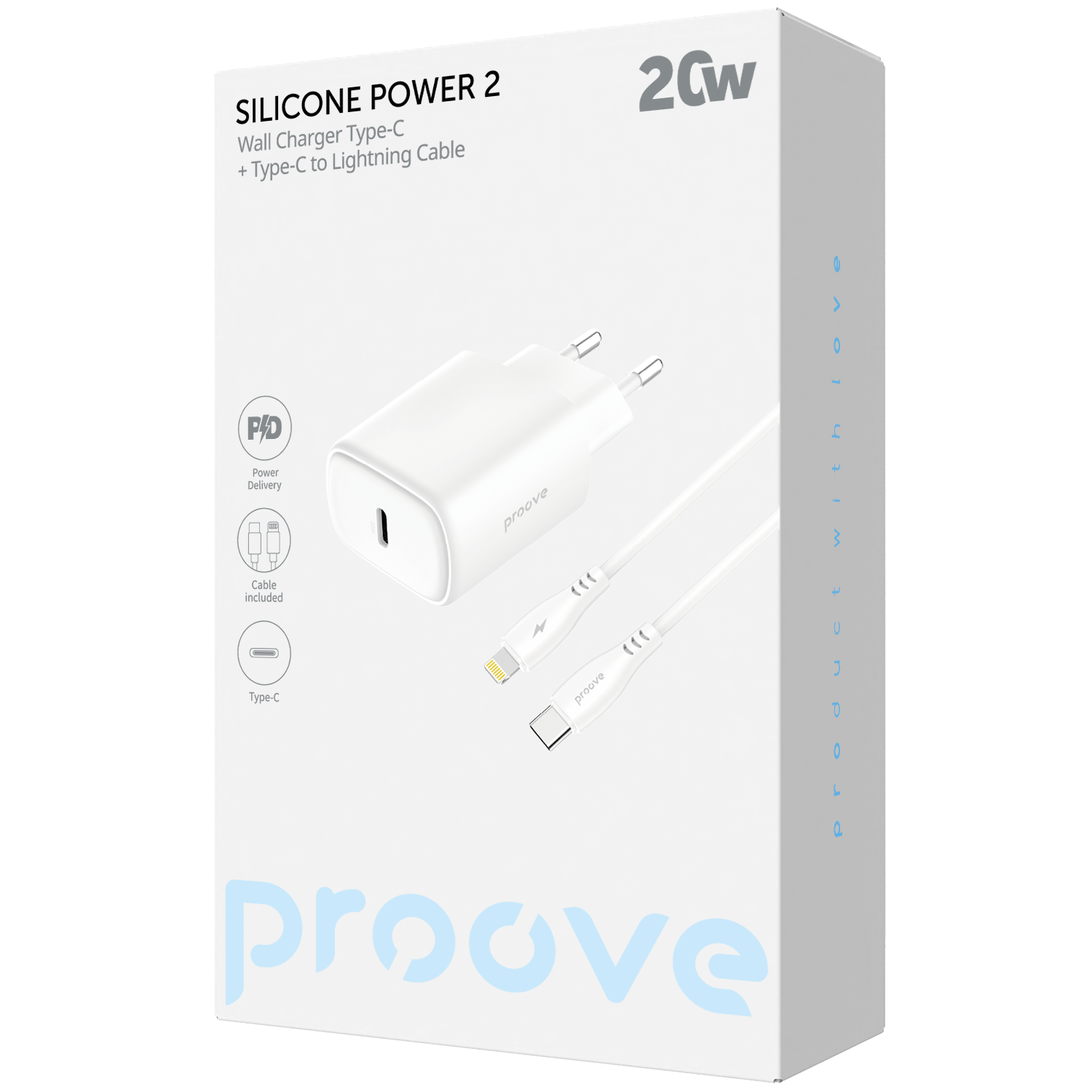 Karikues muri Proove Silicone Power 2, 20W, Type-C, me kabllo Type-C në Lightning, e bardhë