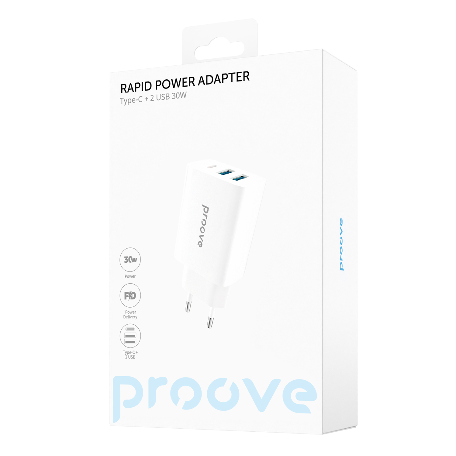 Karikues muri Proove Rapid, 30W, 2×USB + Type-C, i bardhë