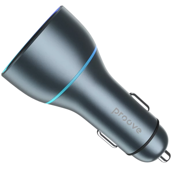 Karikues për makinë Proove Supercharge, 130W, 2×Type-C + USB, metal gri