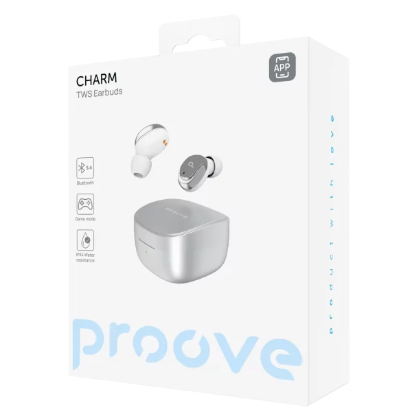 Dëgjuse wireless Proove Charm TWS, touch-control, me aplikacion, Silver