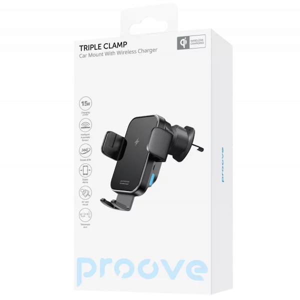 Mbajtëse për telefon me karikim wireless Proove Triple Clamp, 15W, për ventilim ose panel, e zezë