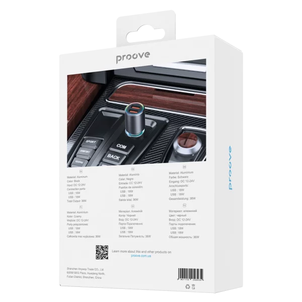 Karikues për makinë Proove Supercharge, 130W, 2×Type-C + USB, metal gri