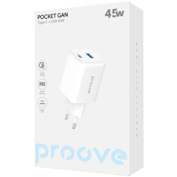 Karikues muri Proove Pocket, 45W, me USB dhe Type-C, i bardhë