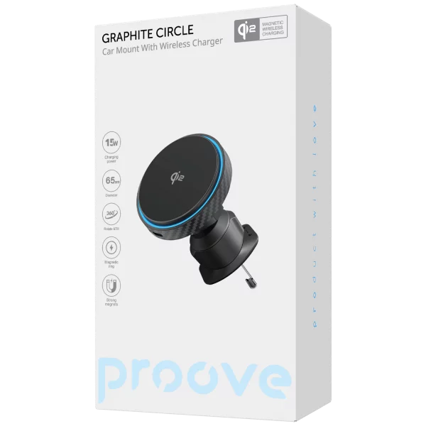 Mbajtëse magnetike për telefon me karikim wireless Proove Graphite Circle Qi2, 15W, për ventilim makine, e zezë