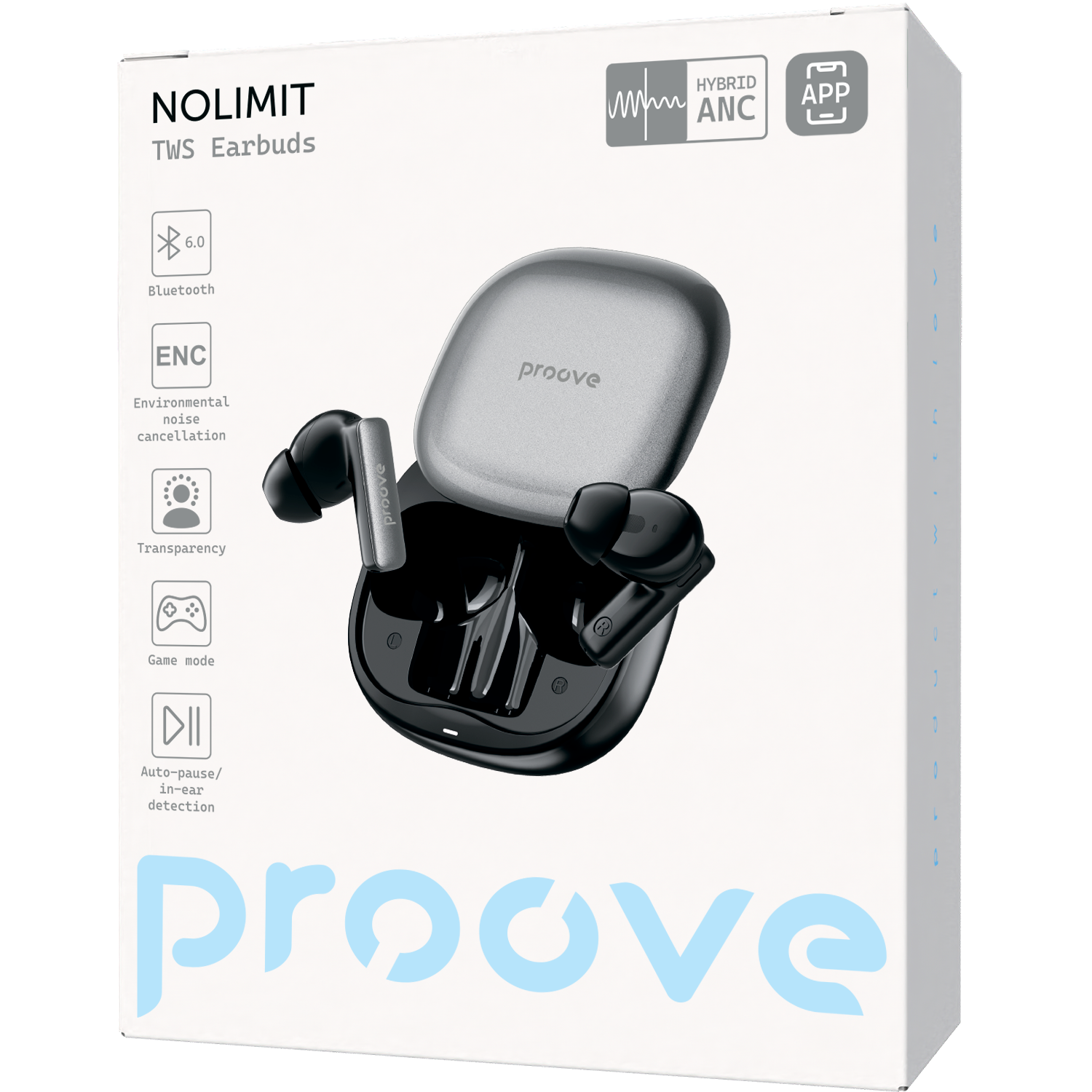 Dëgjuse wireless Proove NoLimit TWS me Hybrid ANC dhe aplikacion inteligjent (APP), të zeza