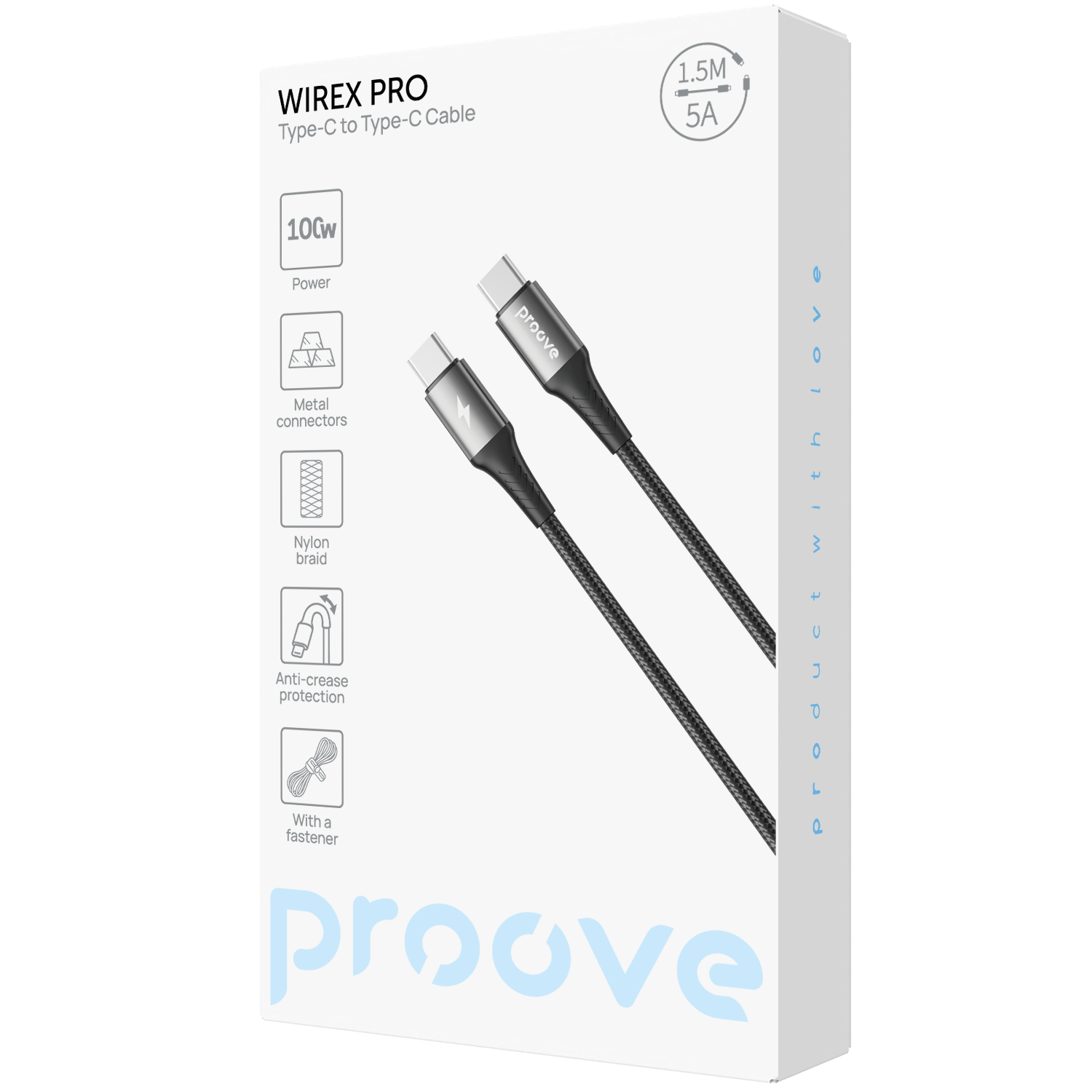 Kabllo karikimi Proove WireX Pro Type-C në Type-C, 100W, 1.5m, e zezë
