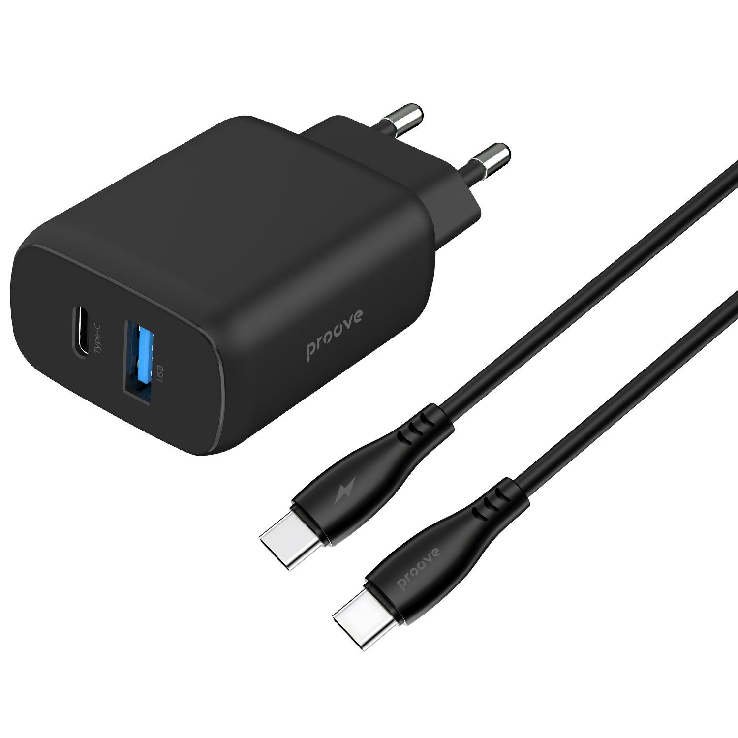 Karikues muri Proove Silicone Power 2, 30W, Type-C + USB, me kabllo Type-C në Type-C, i zi