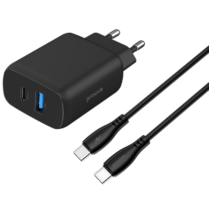 Karikues muri Proove Silicone Power 2, 30W, Type-C + USB, me kabllo Type-C në Type-C, i zi