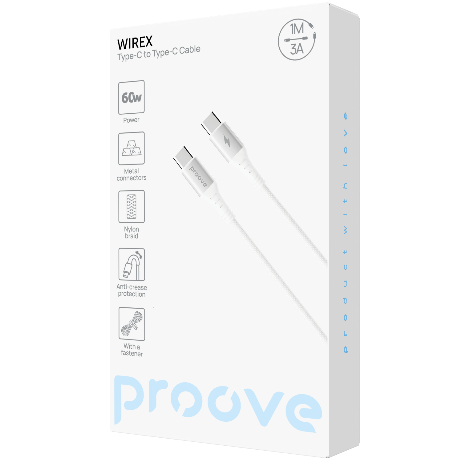 Kabllo karikimi Proove WireX Type-C në Type-C, 60W, 1m, e bardhë