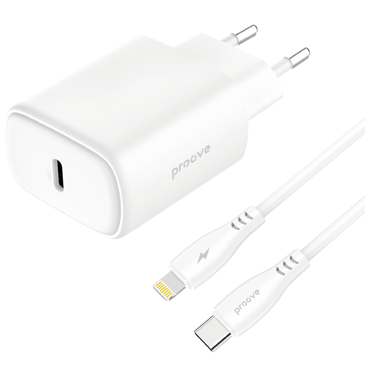 Karikues muri Proove Silicone Power 2, 20W, Type-C, me kabllo Type-C në Lightning, e bardhë