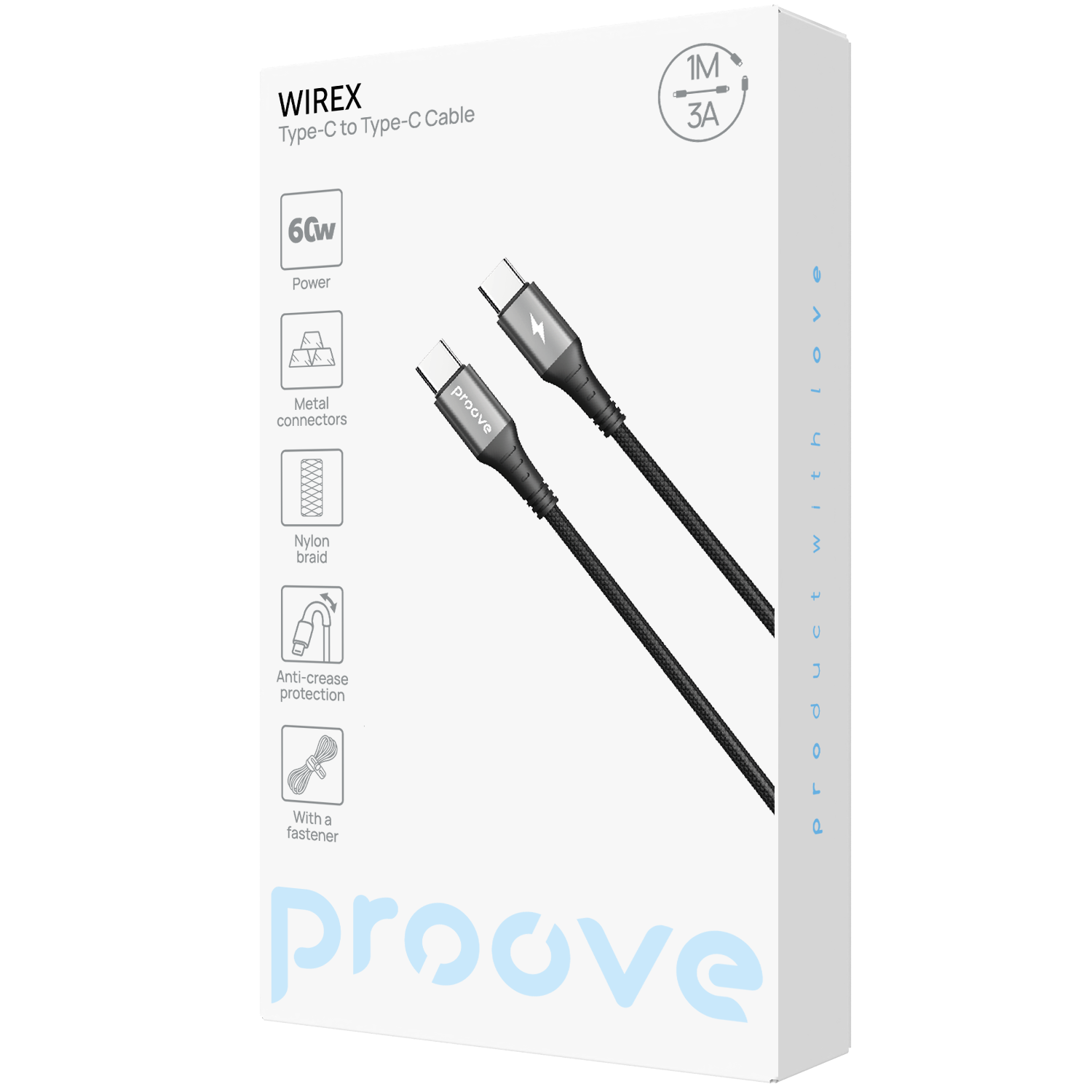 Kabllo karikimi Proove WireX Type-C në Type-C, 60W, 1m, e zezë
