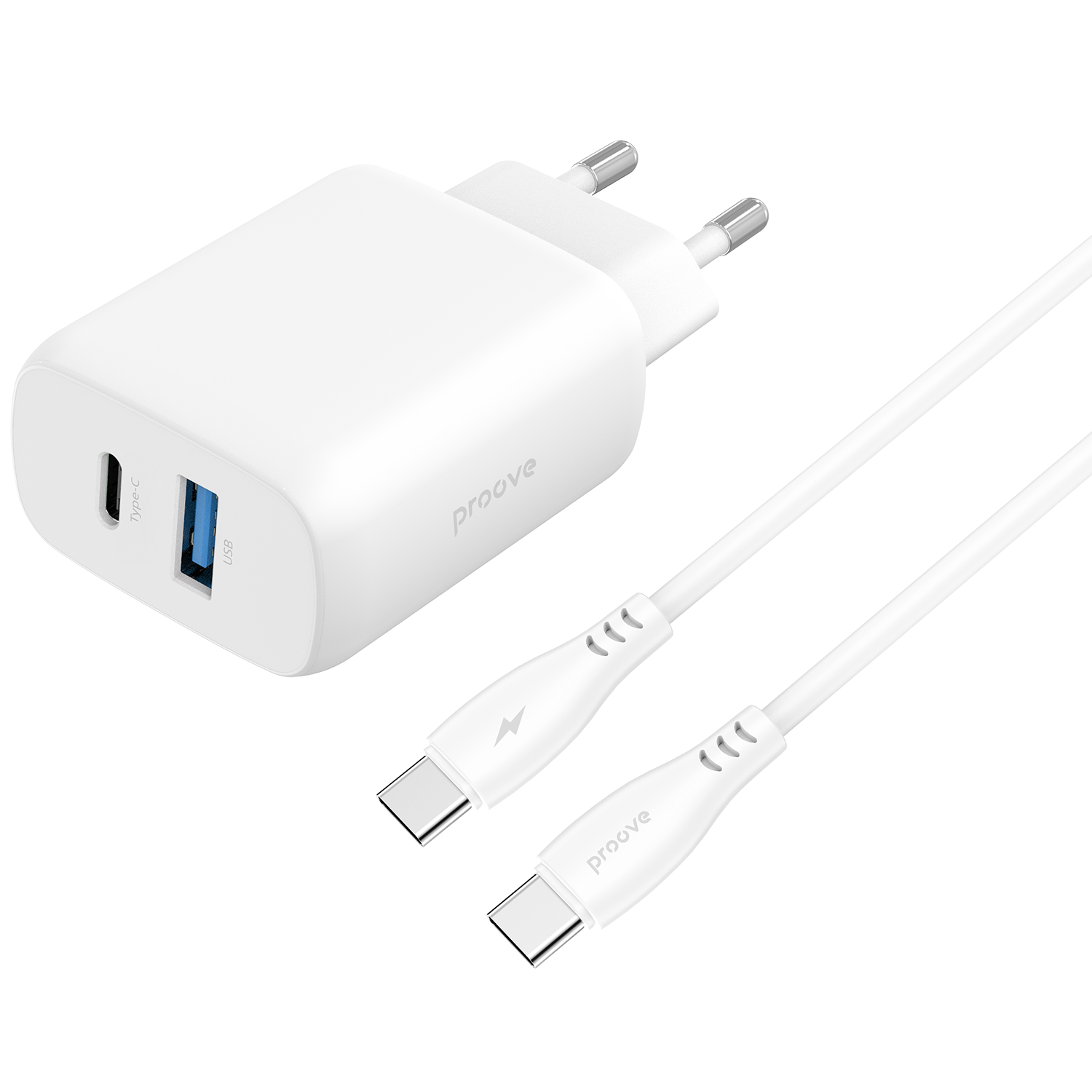 Karikues muri Proove Silicone Power 2, 30W, Type-C + USB, me kabllo Type-C në Type-C, e bardhë