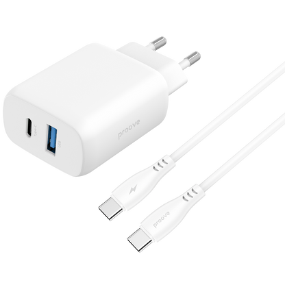 Karikues muri Proove Silicone Power 2, 30W, Type-C + USB, me kabllo Type-C në Type-C, e bardhë