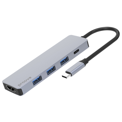 Adapter Hub Type-C Proove Iron Link 5 në 1 (3×USB3.0 + Type-C + HDMI), silver