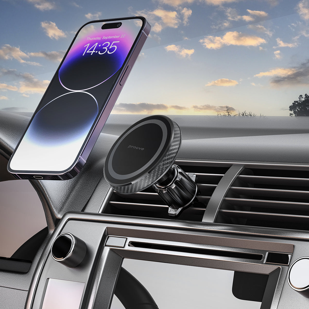 Mbajtëse telefoni për veturë Proove Carbon Magnetic, magnetike për ventilim, e zezë