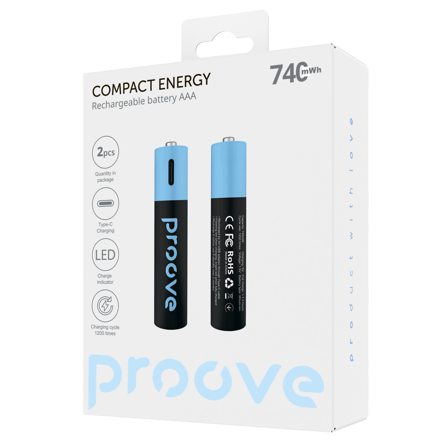 Bateri të rikarikueshme Proove Compact Energy AAA 1.5V, 740mWh, 2 copë
