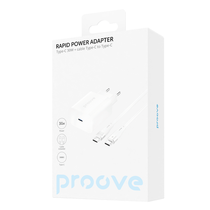Karikues muri Proove Rapid, 30W, Type-C, me kabllo Type-C në Type-C, e bardhë