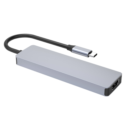 Adapter Hub Type-C Proove Iron Link 5 në 1 (3×USB3.0 + Type-C + HDMI), silver