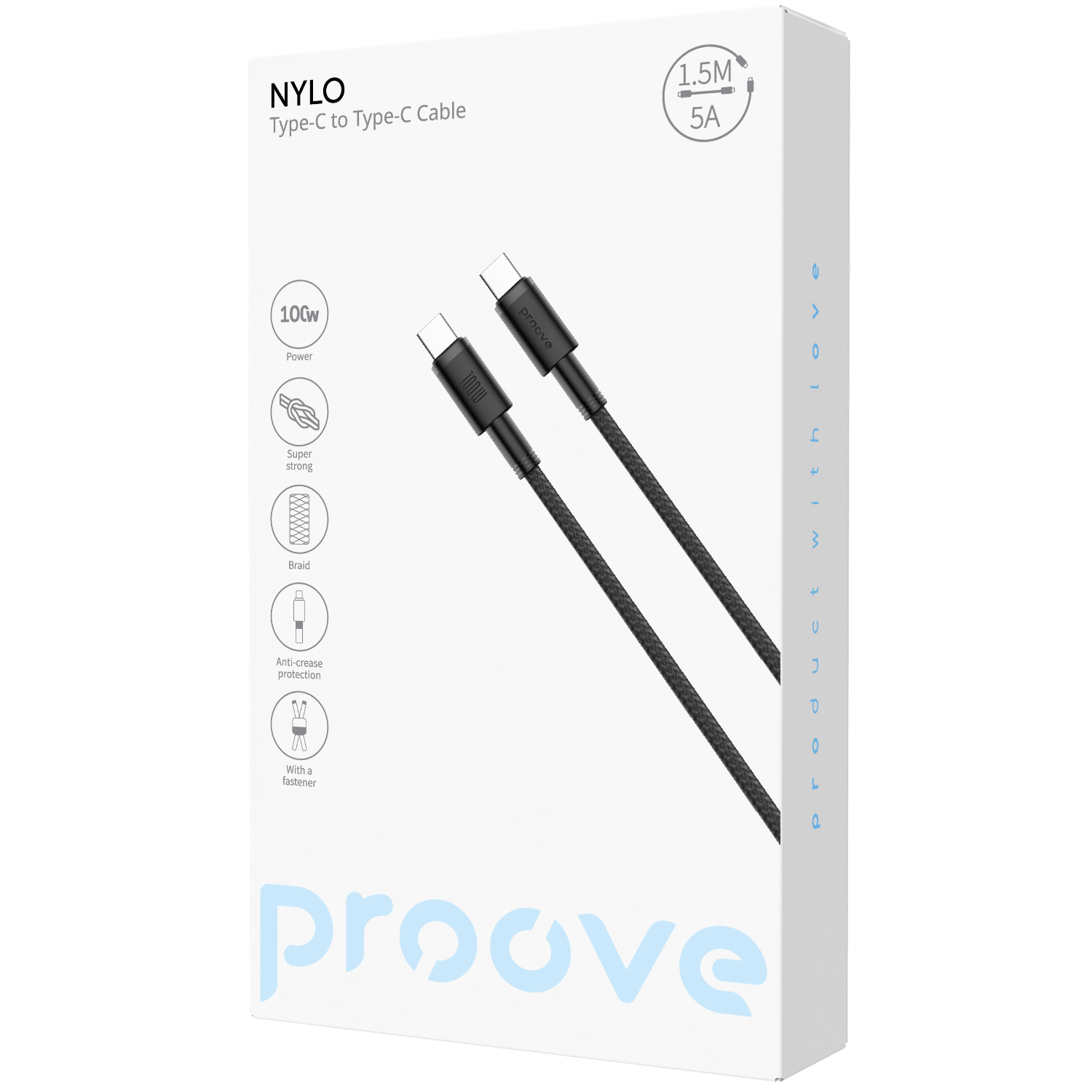 Kabllo Proove Nylo Type-C në Type-C, 100W, 1.5 m, e zezë