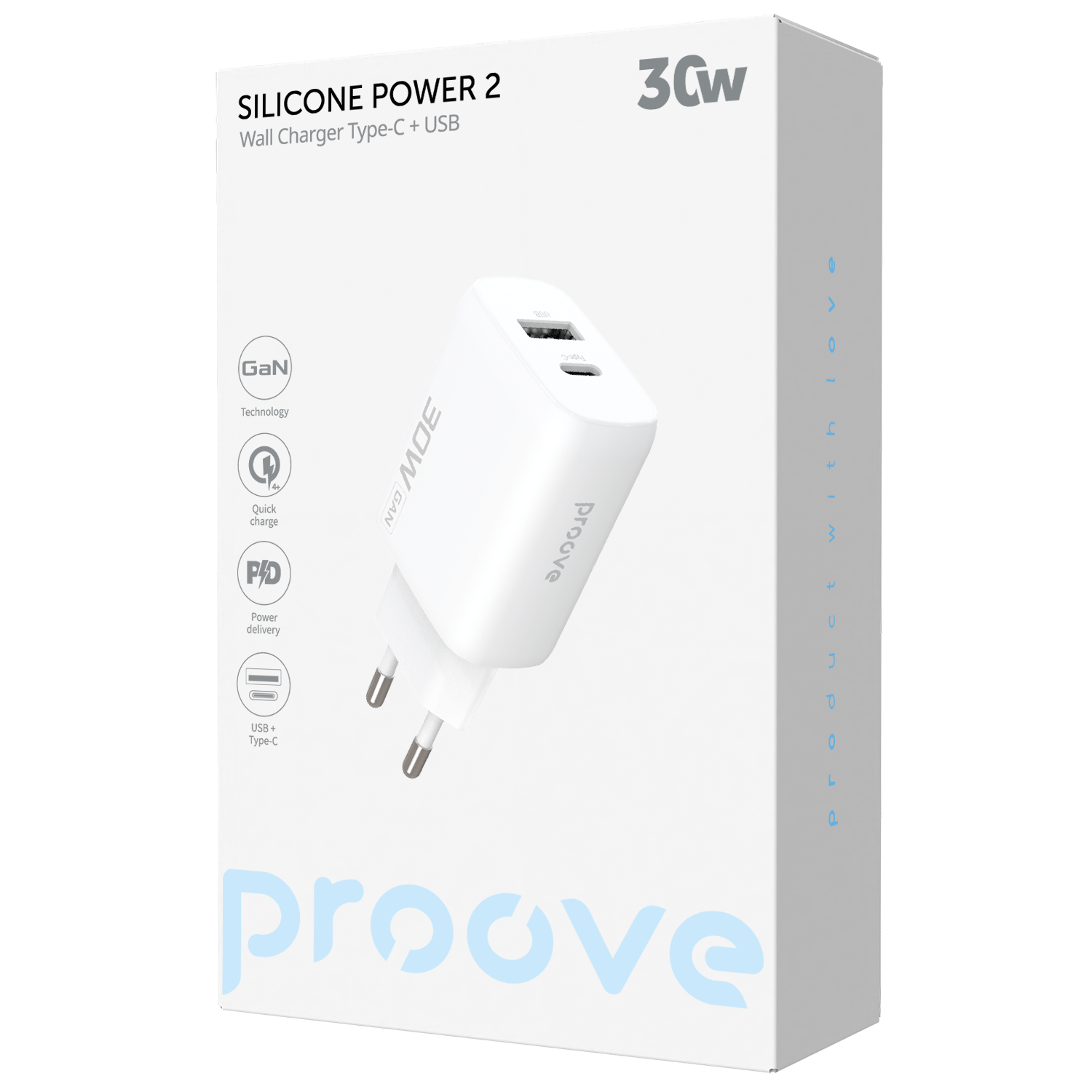 Karikues muri Proove Silicone Power 2, 30W, Type-C + USB, e bardhë