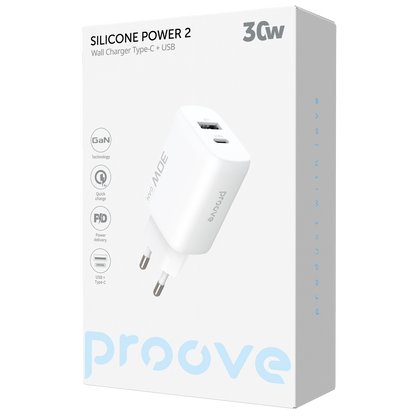 Karikues muri Proove Silicone Power 2, 30W, Type-C + USB, e bardhë