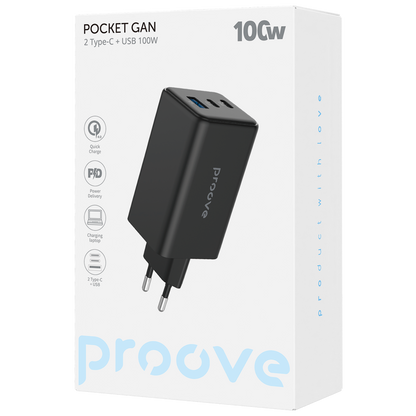 Karikues muri Proove Pocket GaN Max, 100W, 2×Type-C + USB, i zi
