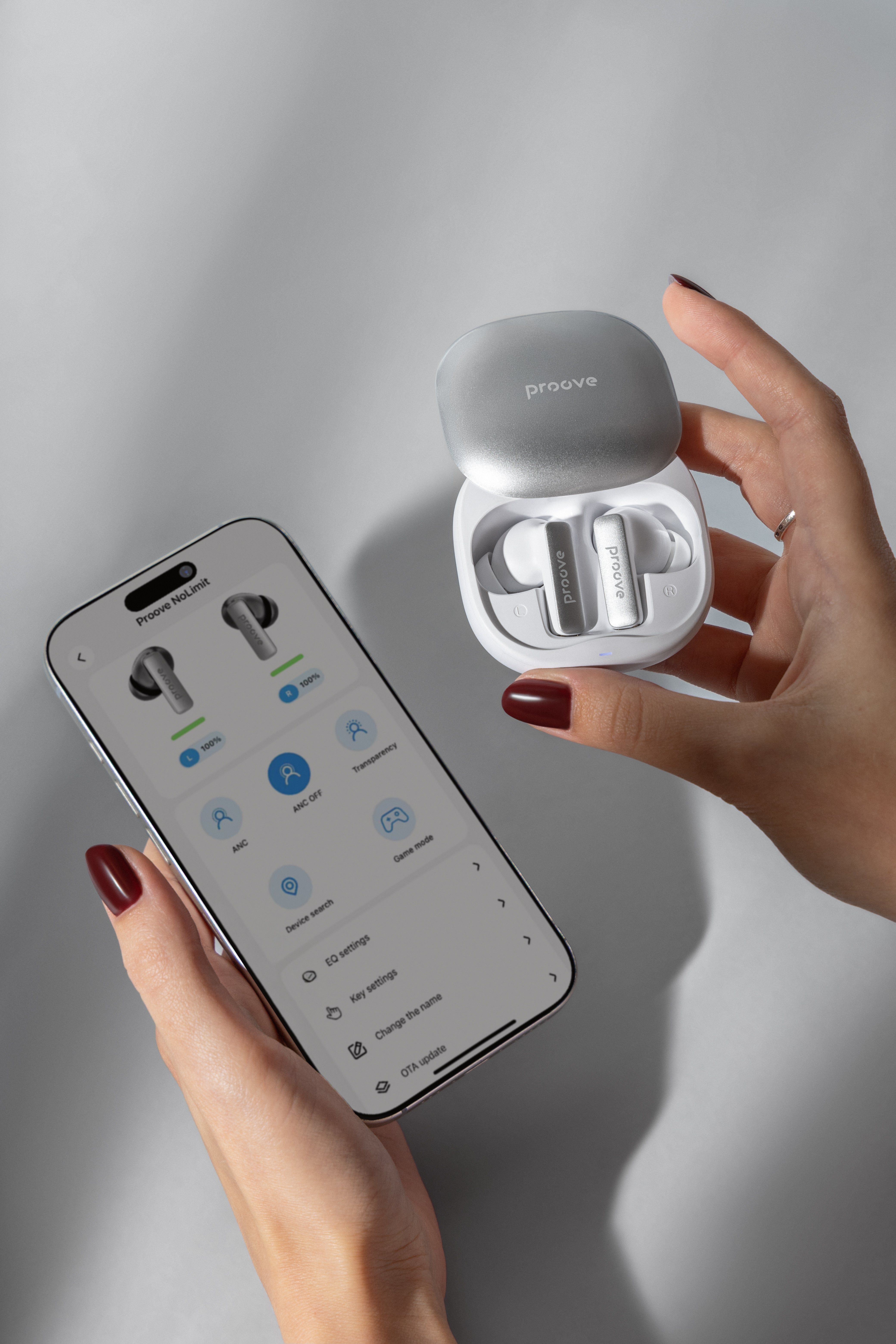 Dëgjuse wireless Proove NoLimit TWS me Hybrid ANC dhe aplikacion inteligjent (APP), të bardha