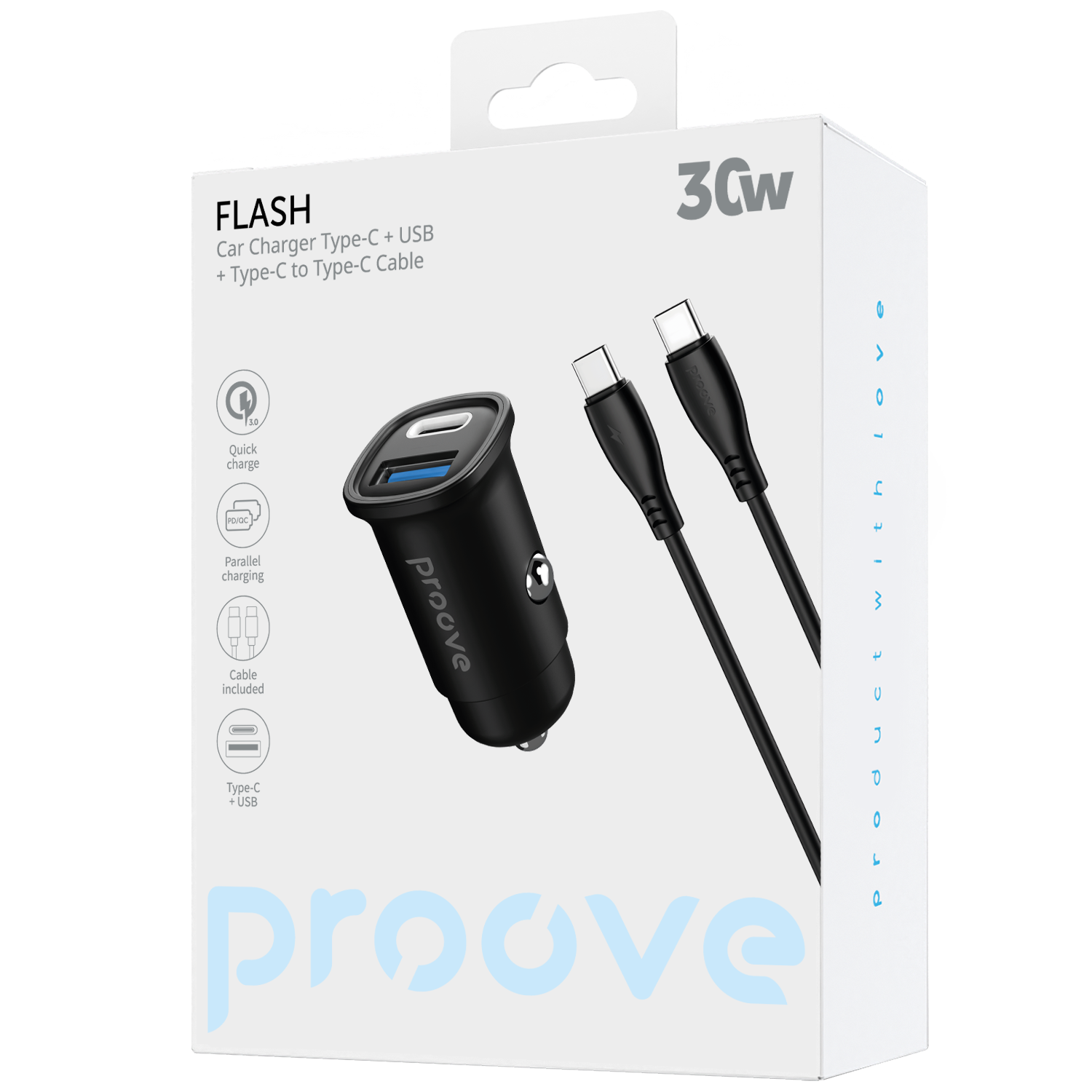 Karikues për makinë Proove Flash, 30W, Type-C + USB, me kabllo, i zi