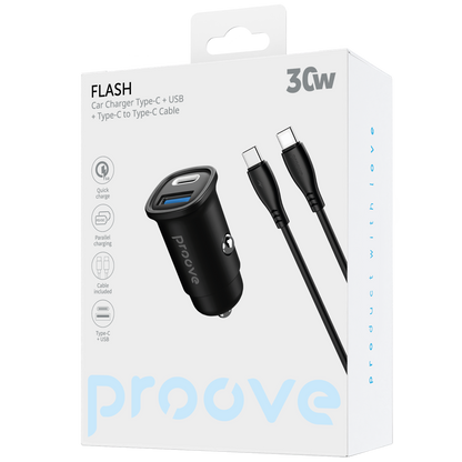 Karikues për makinë Proove Flash, 30W, Type-C + USB, me kabllo, i zi