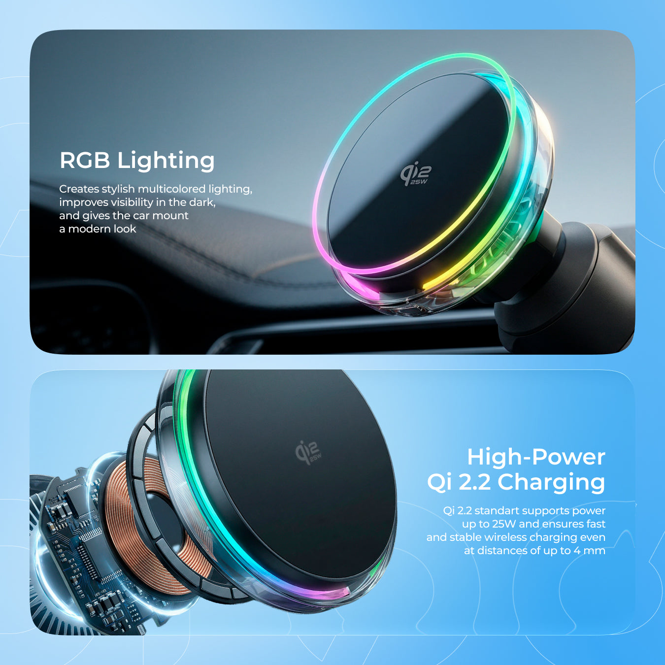 Mbajtëse veture me karikim wireless Proove Light Crystal, Qi2.2, 25W, për ventilim, gri