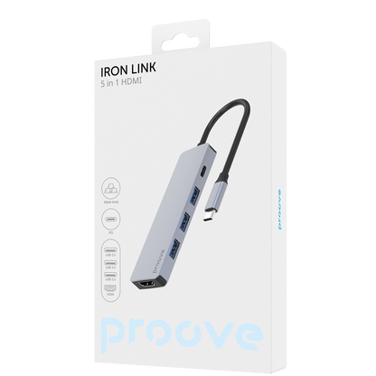Adapter Hub Type-C Proove Iron Link 5 në 1 (3×USB3.0 + Type-C + HDMI), silver