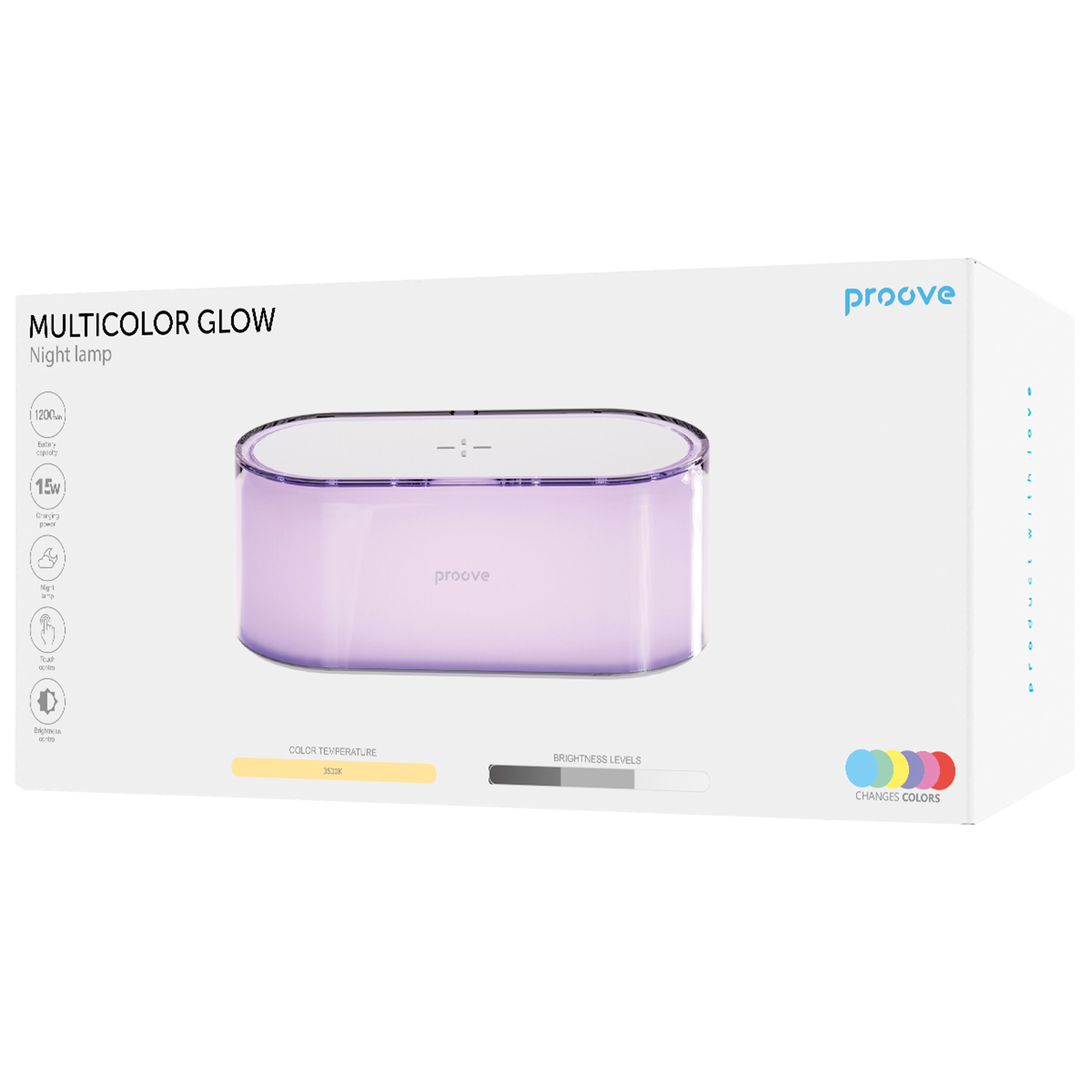 Llampë nate dhe karikues wireless Proove Multicolor Glow – 15W me ndriçim LED RGB dhe kontroll me prekje