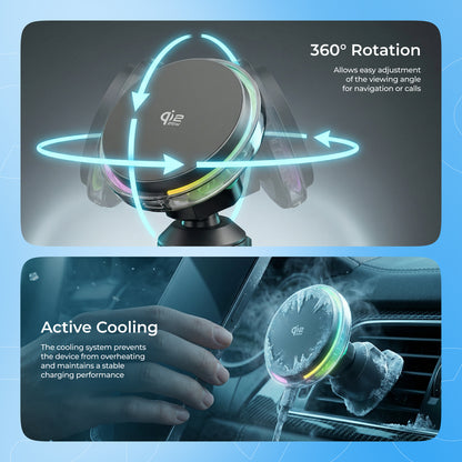 Mbajtëse veture me karikim wireless Proove Light Crystal, Qi2.2, 25W, për ventilim, gri