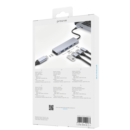 Adapter Hub Type-C Proove Iron Link 5 në 1 (3×USB3.0 + Type-C + HDMI), silver