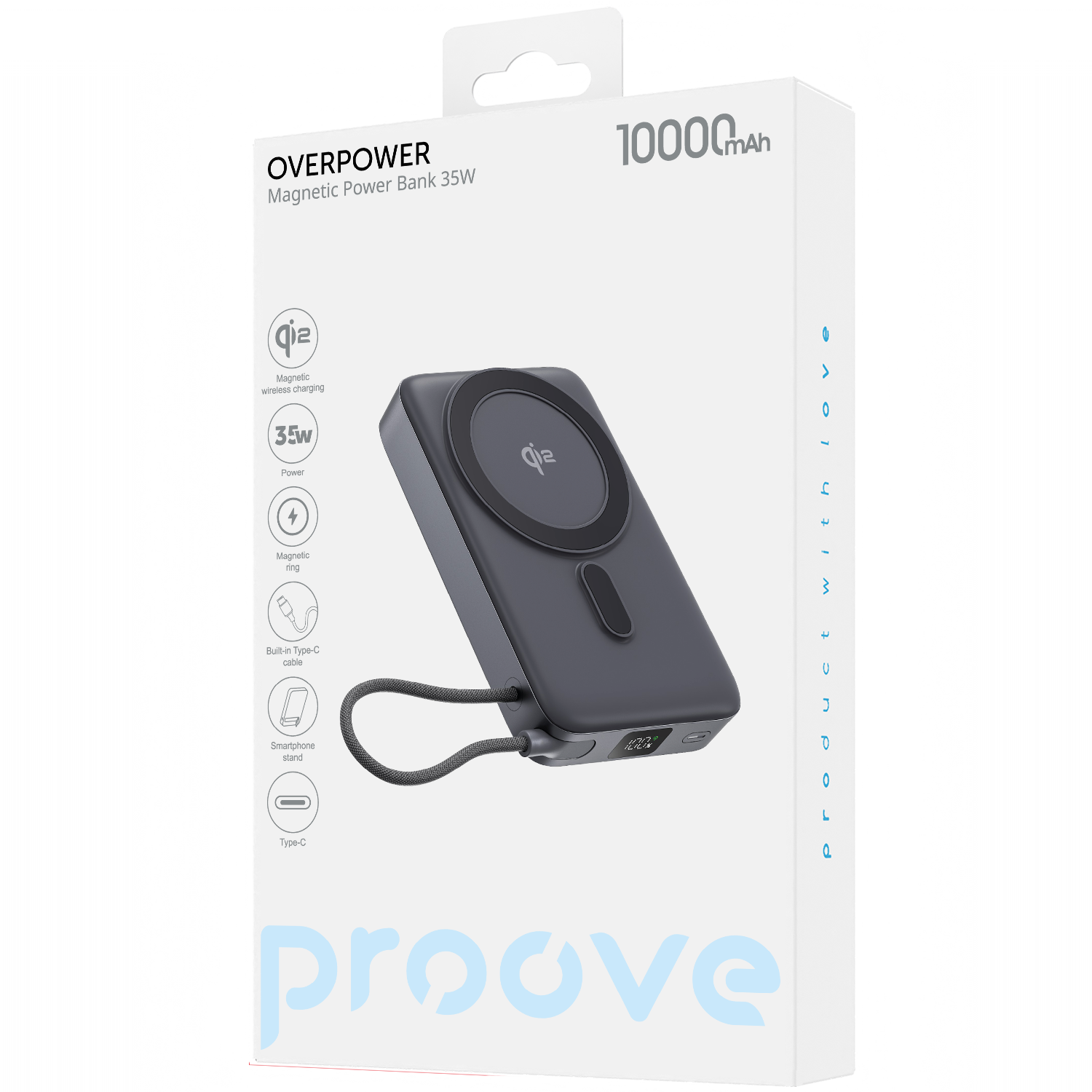 Powerbank Proove OverPower, 10000mAh, 35W, Qi2, me kabllo të integruar, gri
