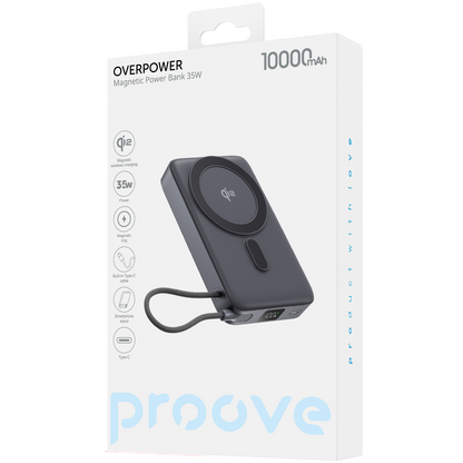 Powerbank Proove OverPower, 10000mAh, 35W, Qi2, me kabllo të integruar, gri