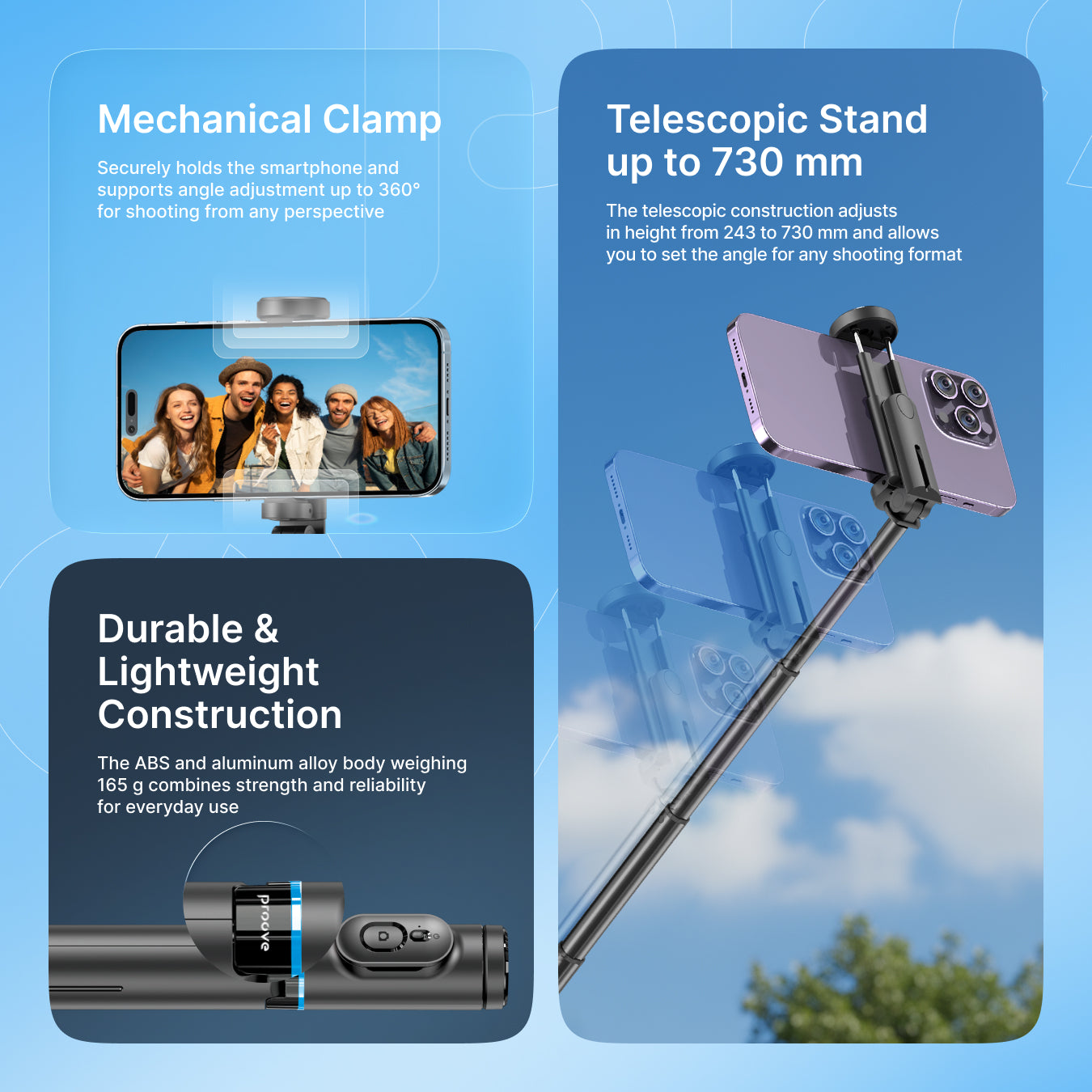 Selfie stick tripod Proove DropStop Mini, 730mm, i zi