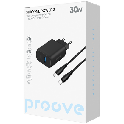 Karikues muri Proove Silicone Power 2, 30W, Type-C + USB, me kabllo Type-C në Type-C, i zi
