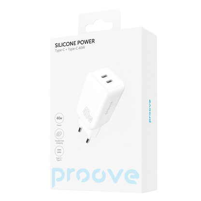 Karikues muri Proove Silicone Power, 40W, me 2×Type-C, i bardhë